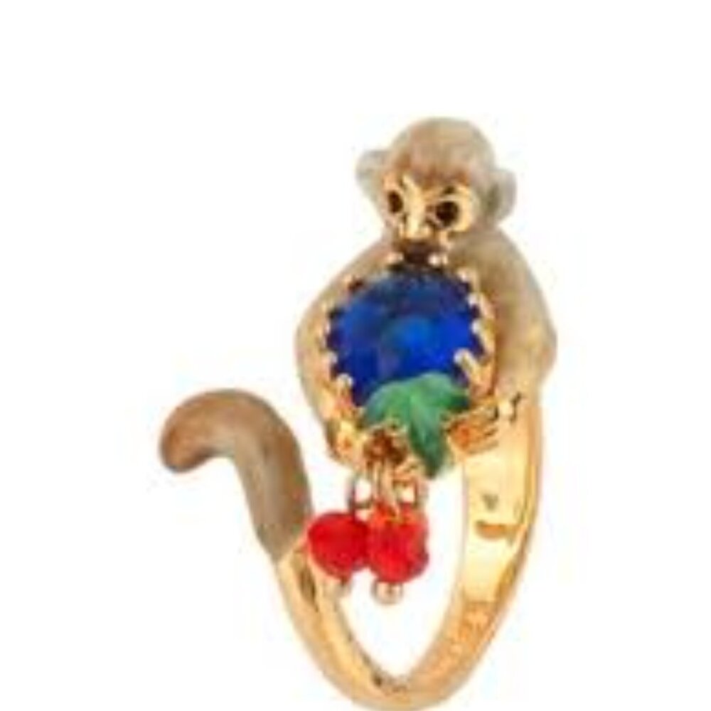 Les Nereides Jungle Tropical Monkey, Dark Blue Stone & Beads Adjustable Ring